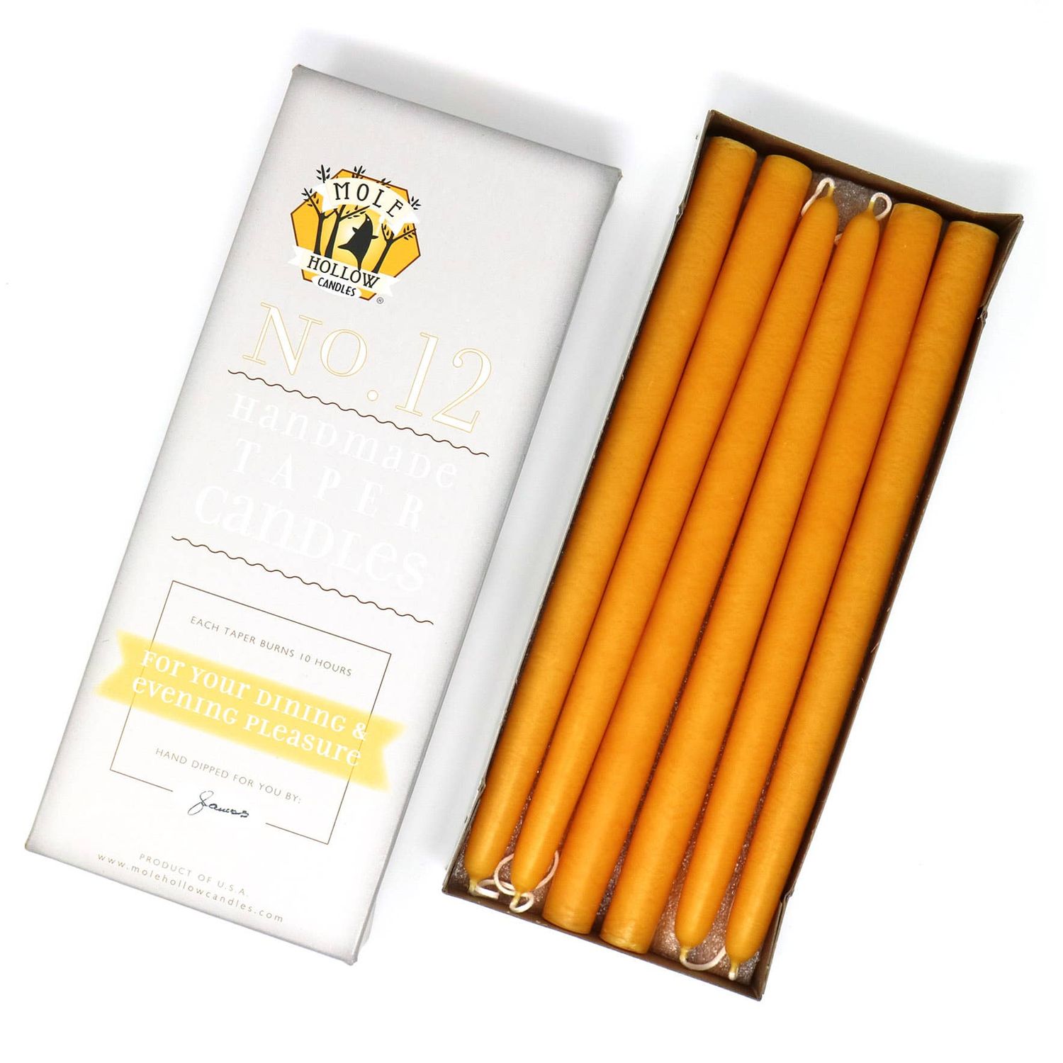 12" Hand Dipped Unscented Taper Candles - 39 Colors USA Made: Yellow Gold