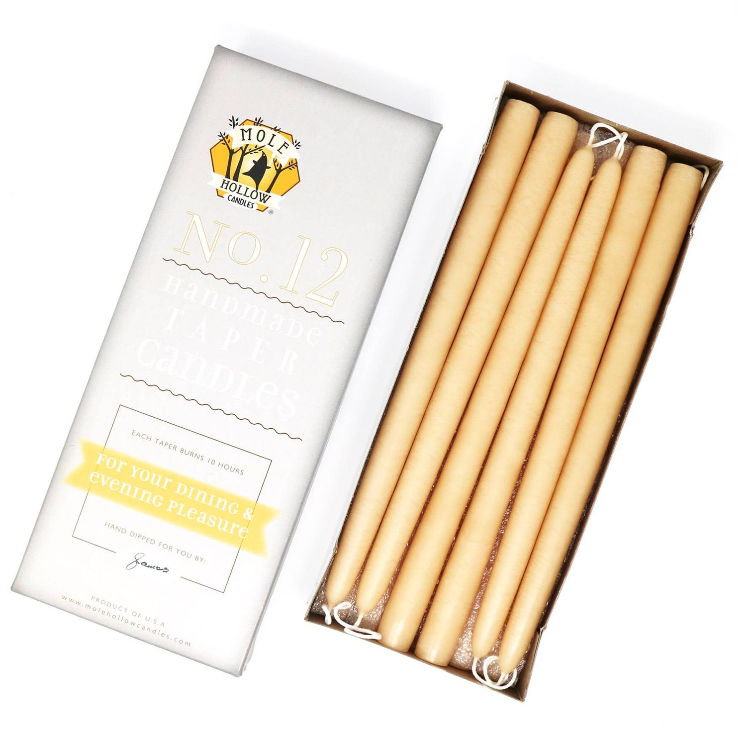 12" Hand Dipped Unscented Taper Candles - 39 Colors USA Made: Ivory