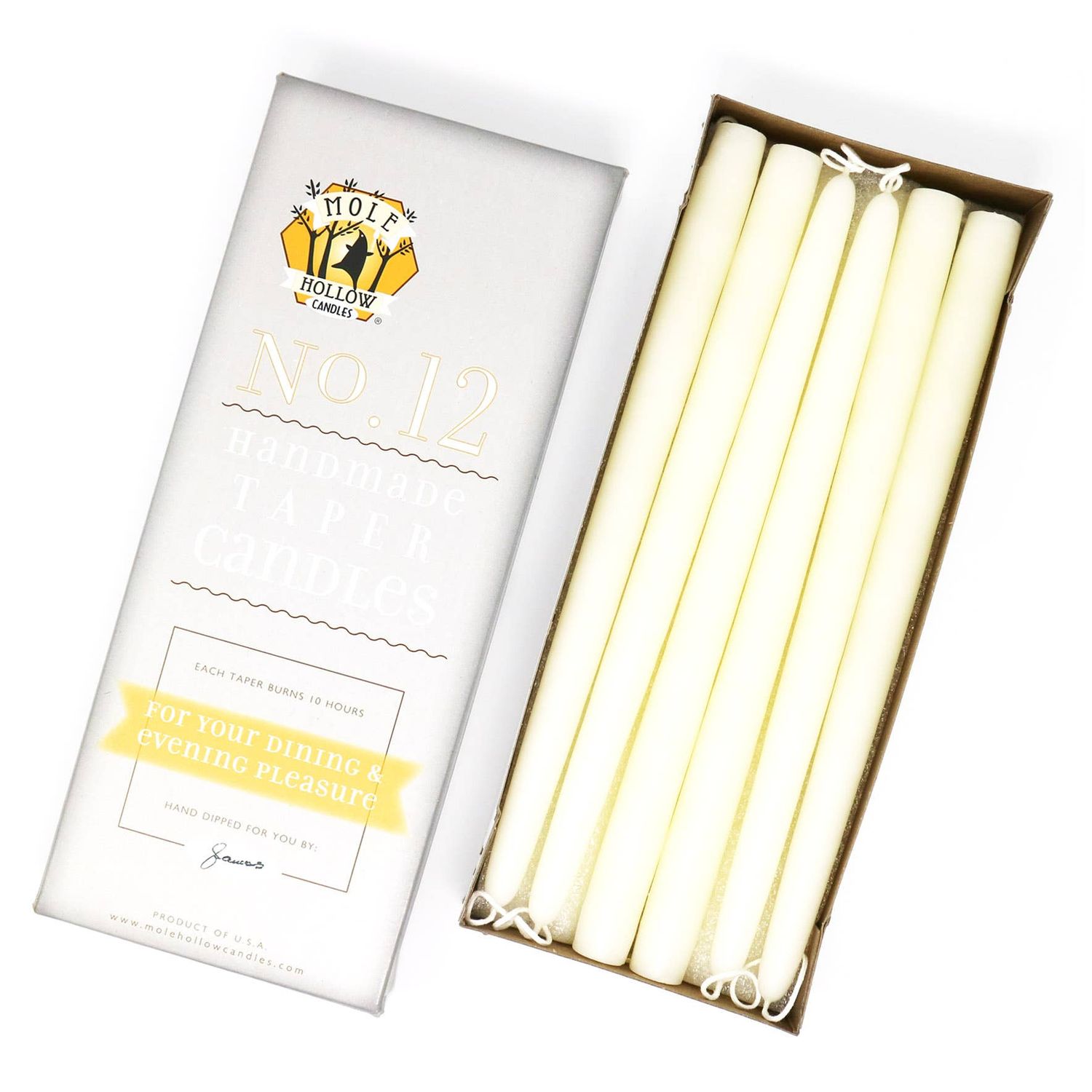 12" Hand Dipped Unscented Taper Candles - 39 Colors USA Made: Shell White