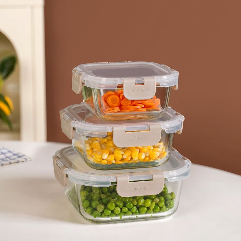 Nestro Lock Airtight Containers Set Of 3 Square Beige 300ml 500ml 800ml