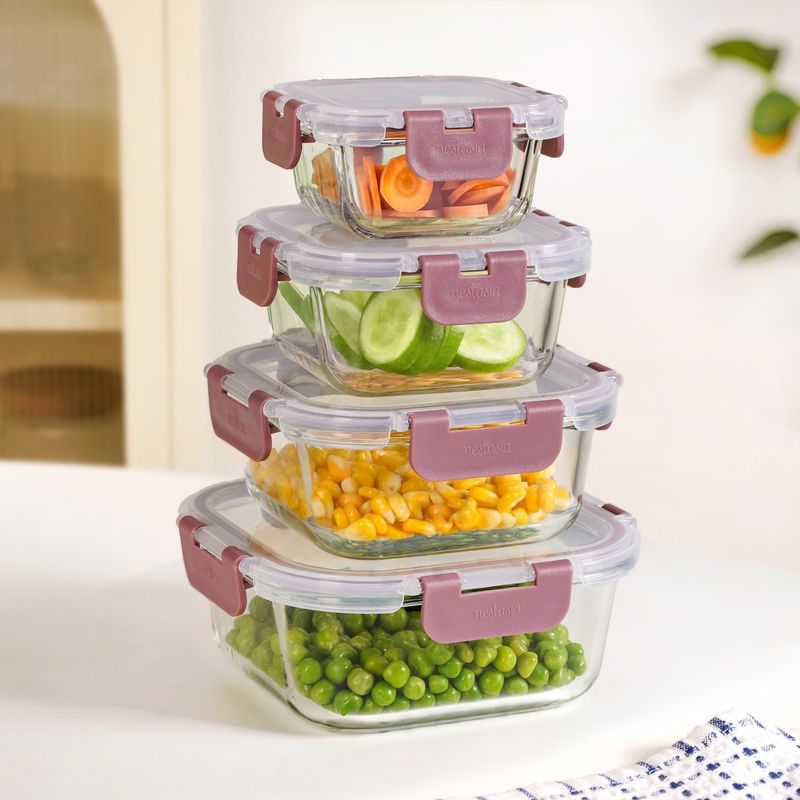 Nestro Square Airtight Containers Set Of 4 Dusty Pink 160ml 300ml 500ml 800ml