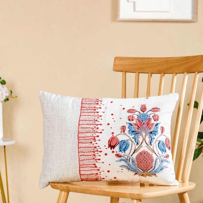 Petal Crest Embroidered Cotton Cushion Cover 50x36cm