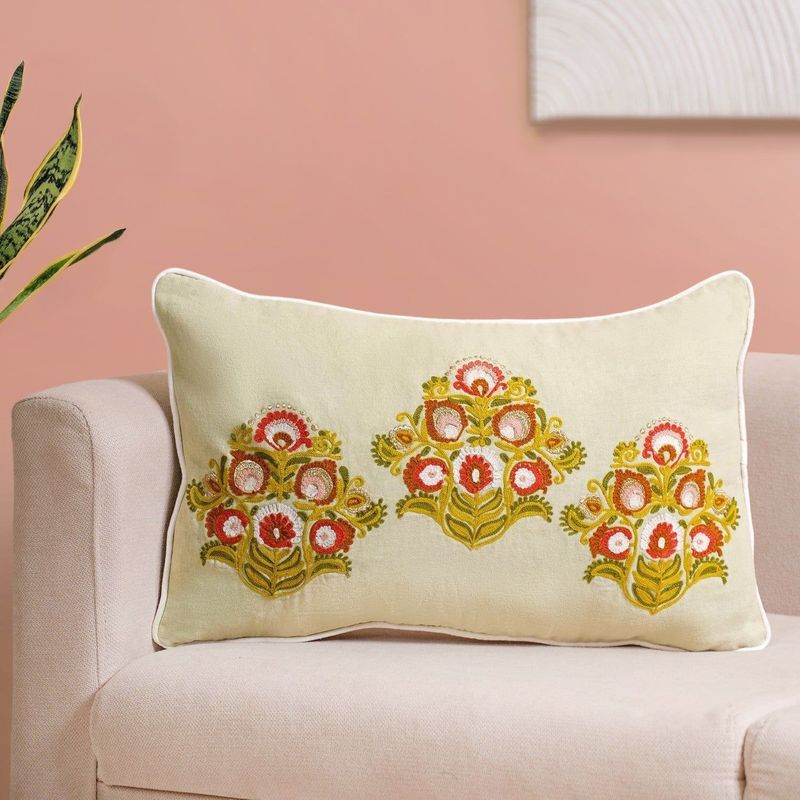 Motif Cotton Canvas Embroidered Cushion Cover 50x30cm
