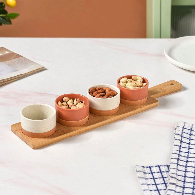 Earthy Stoneware Bowls With Tray Set Of 5