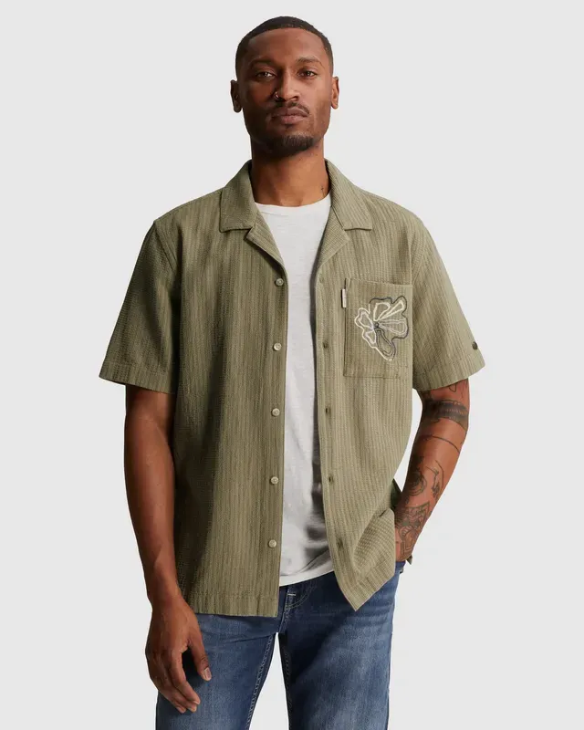 Cast Iron Short Sleeve Shirt Yarn dye struct Vetiver CSIS2605280