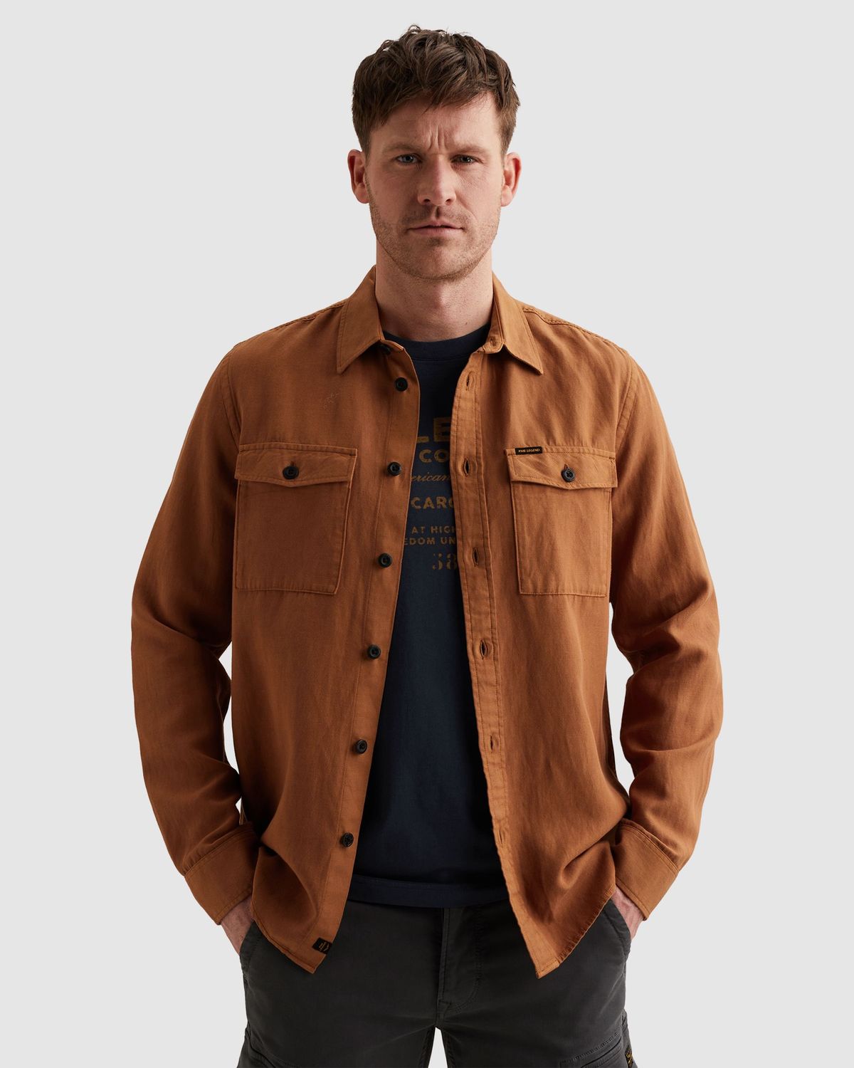 PME Legend Overhemd van katoen/linnen met stitching details