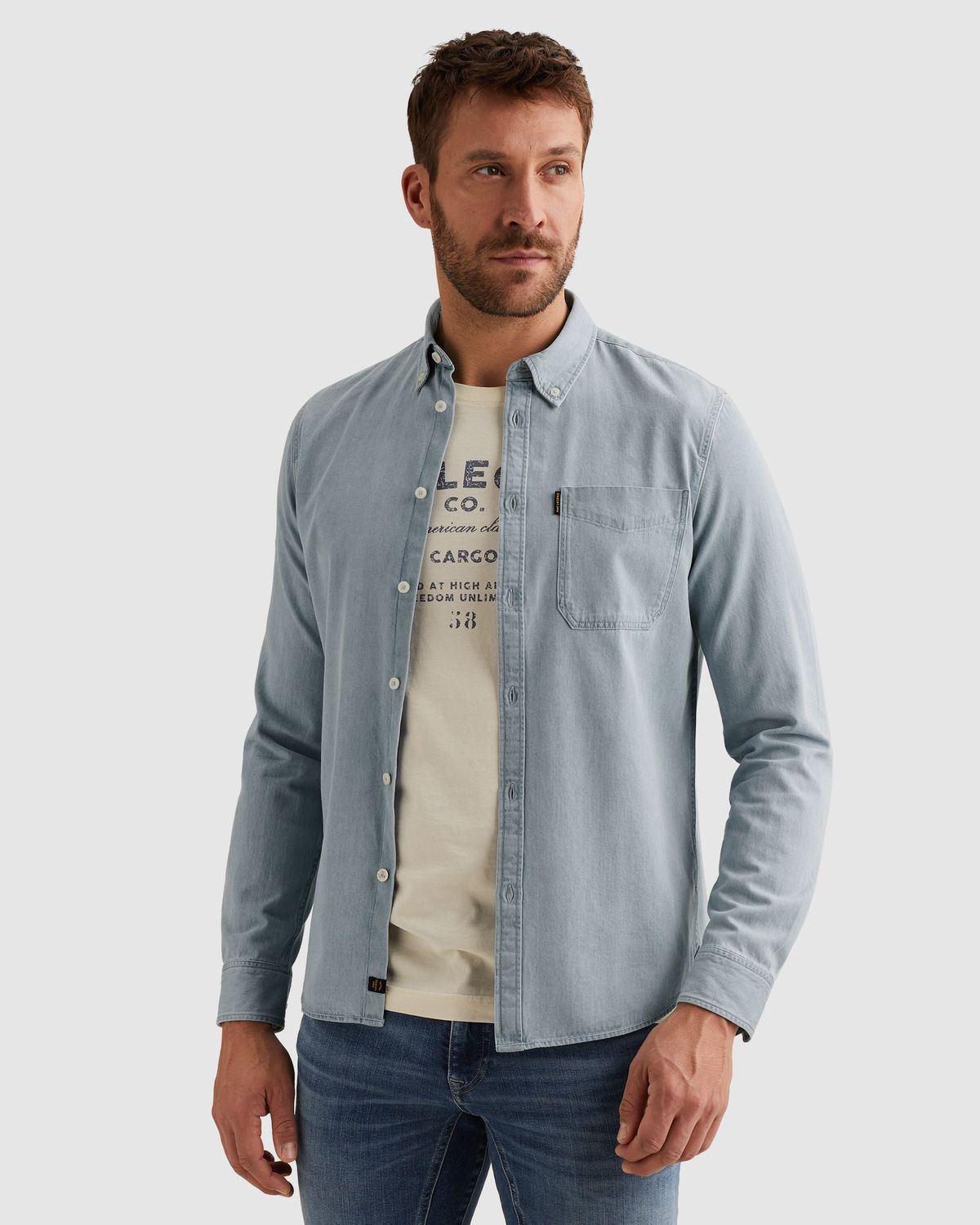 PME Legend Overhemd van denim met stitching details