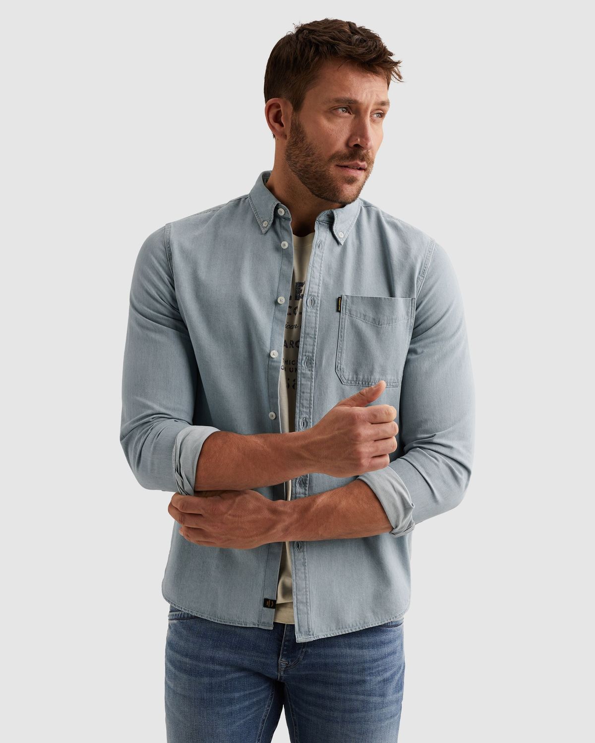 PME Legend Overhemd van denim met stitching details