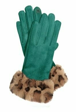 Faux Suede With Leopard Fur Trim Gloves -Teal