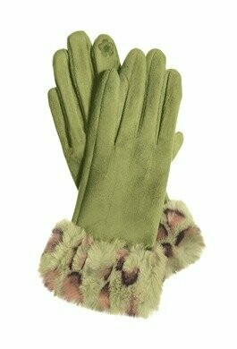 Faux Suede With Leopard Fur Trim Gloves -Green