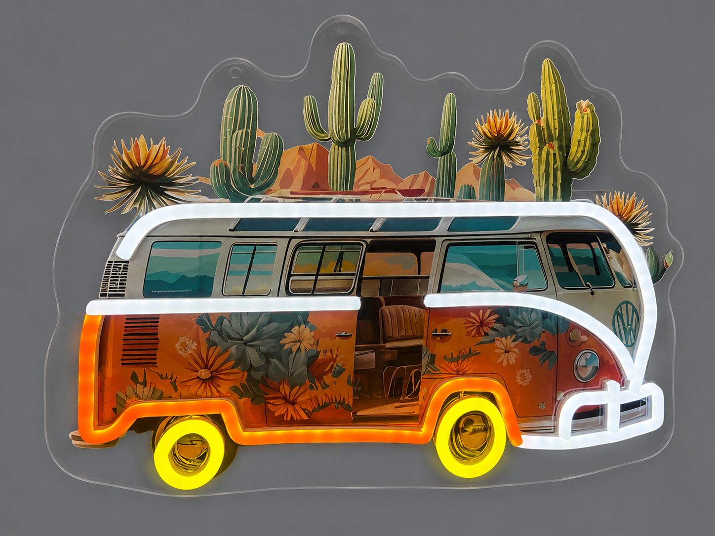 Car VW Bus With Cactus Desert Adventure Cast Acrylic LED Neon Sign
