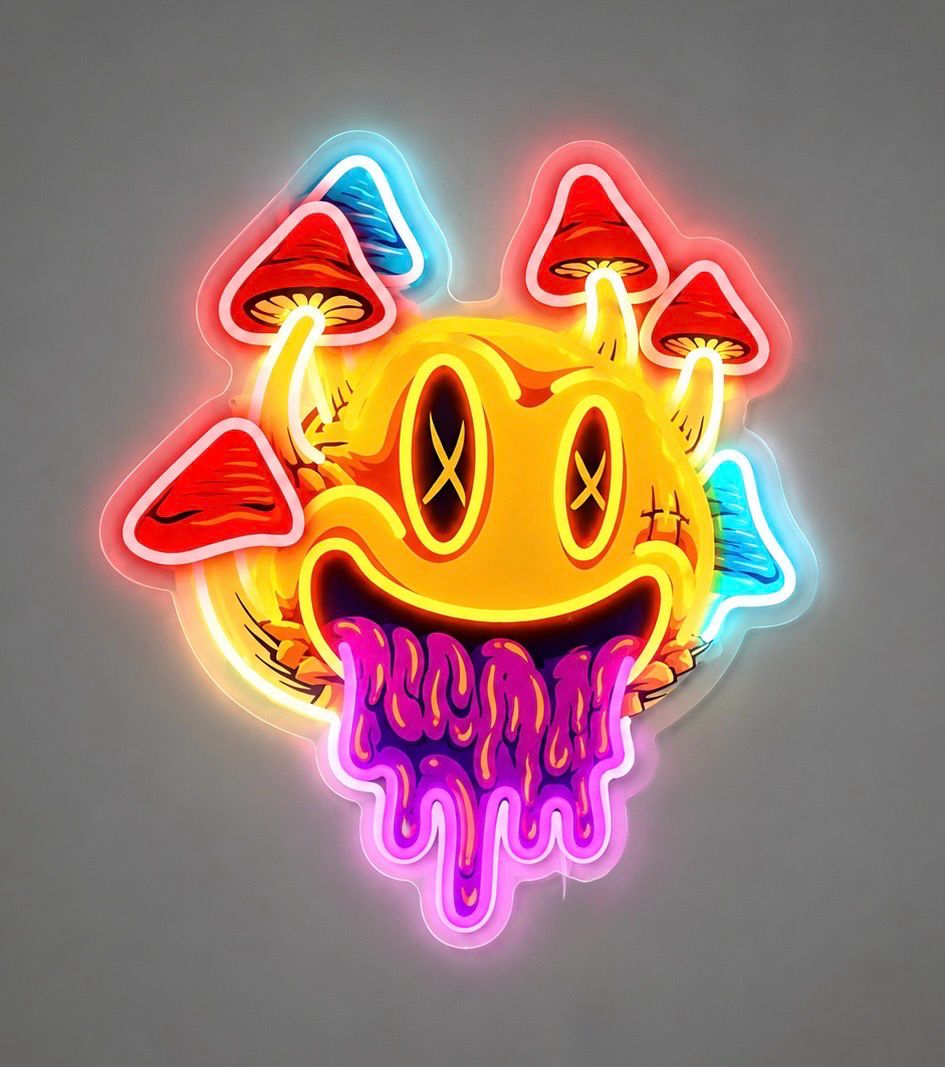 Melting Smiley Face &amp; Mushroom Cast Acrylic LED Neon Sign