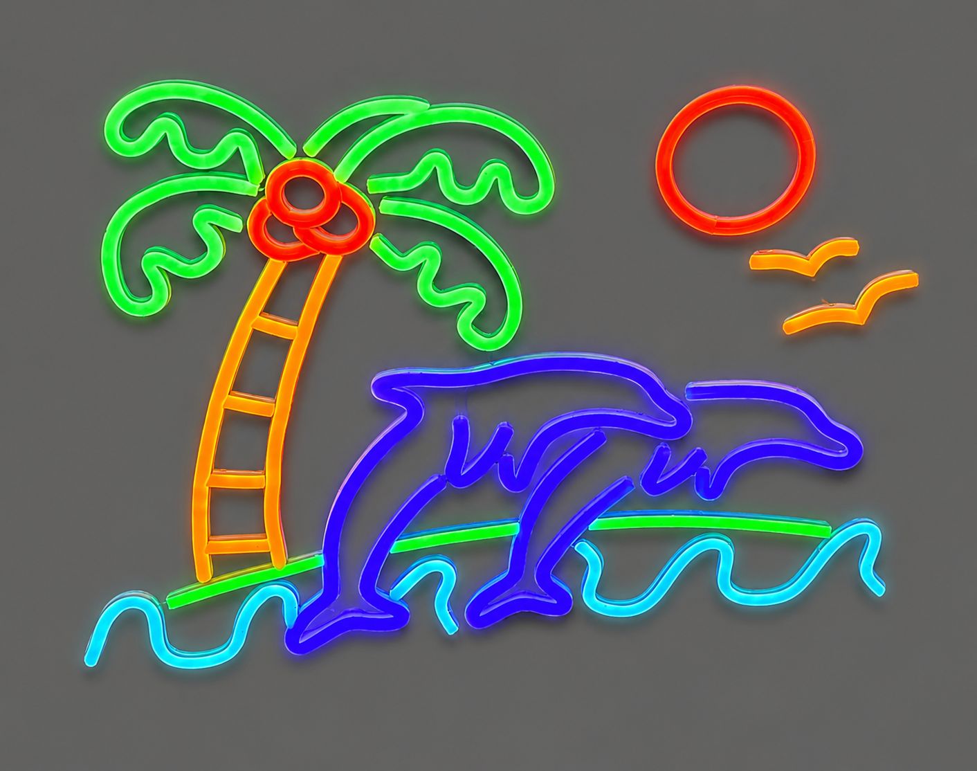 Tropical Palm Tree &amp; Dolphins Cast Acrylic LED Neon Sign