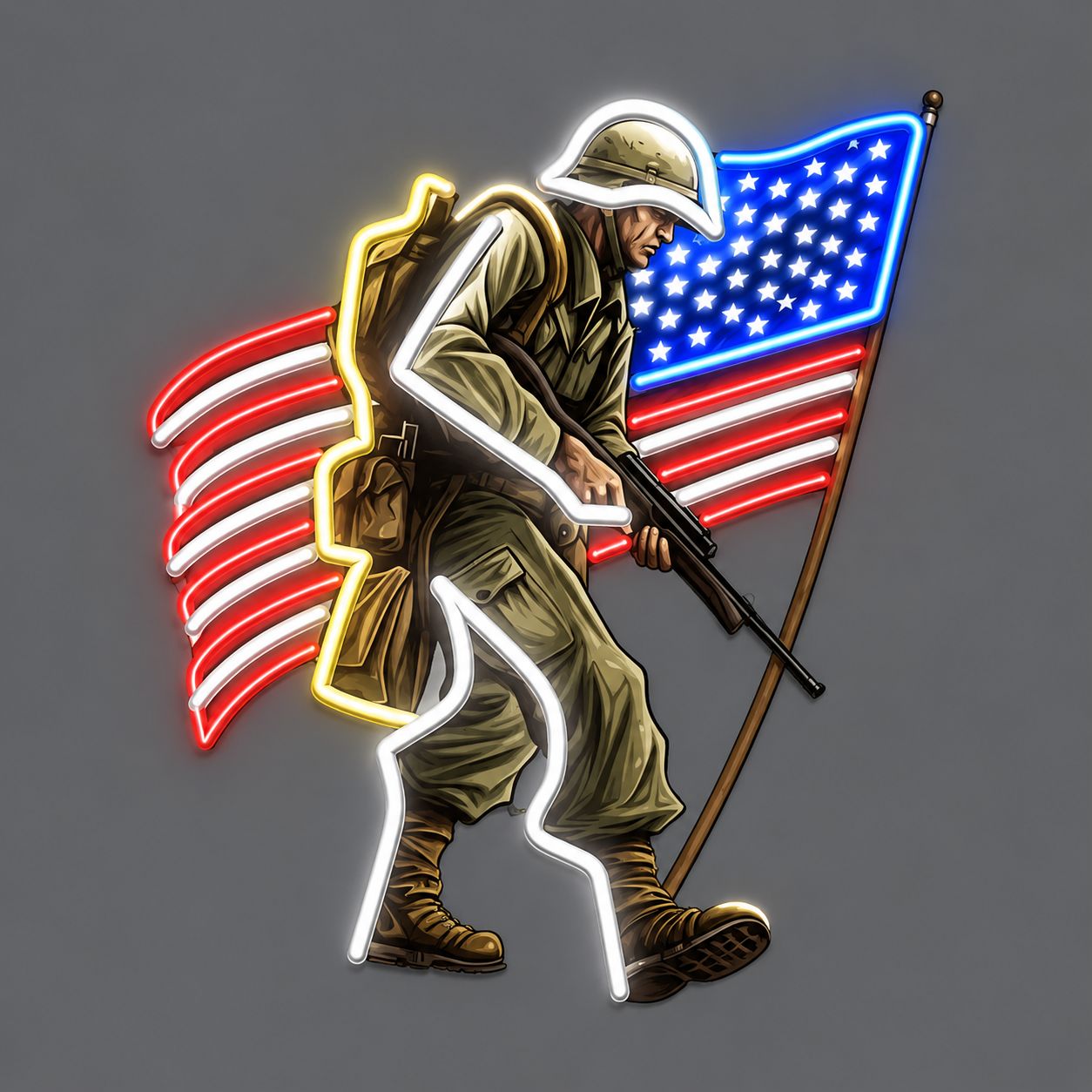 American Soldier with Flag  LED Neon Sign