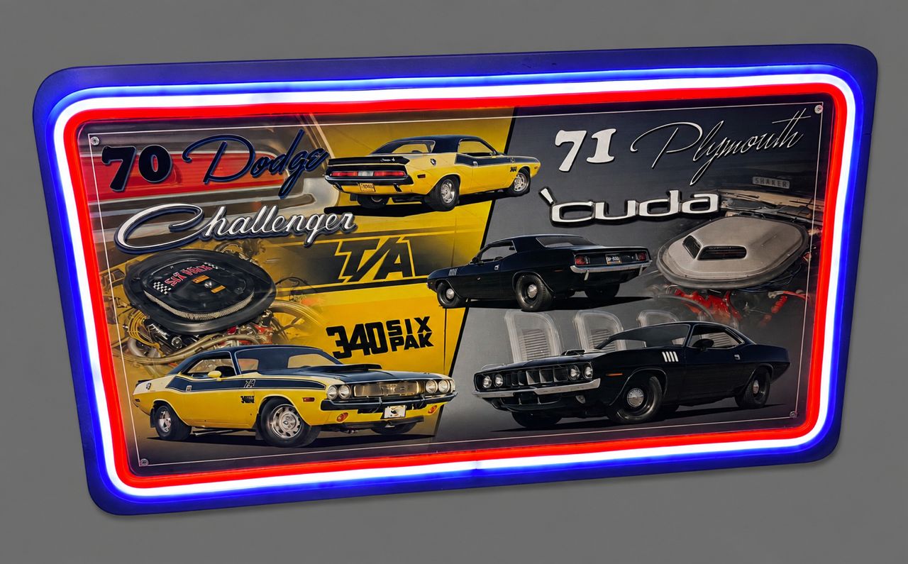 Cuda and Dodge Challenger Wooden and Metal LED Neon Sign