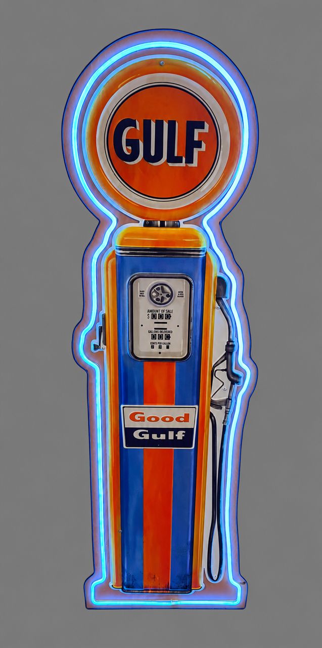 Gulf Gas Pump Wood and Metal LED Neon Sign
