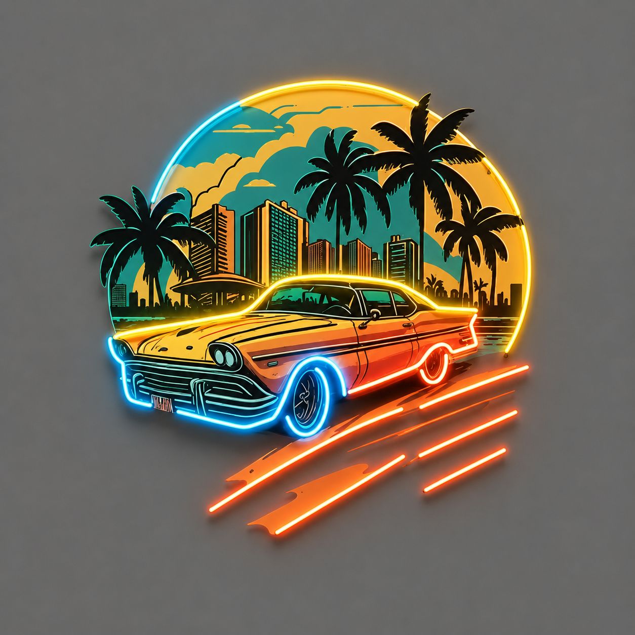 CAR YELLOW Classic Car and Palm Trees LED Neon Sign