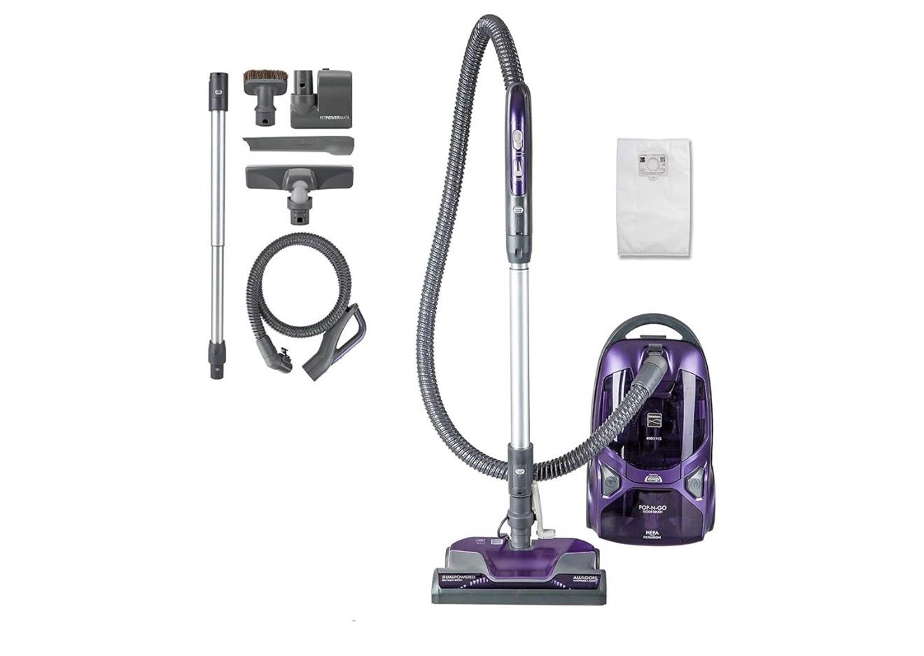Kenmore 600 Series Pet Friendly Lightweight Bagged Canister Vacuum with Pet PowerMate, Pop-N-Go Brush, 2 Motors, HEPA Filter, Aluminum Telescoping Wand, Retractable Cord and 4 Cleaning Tools, Purple