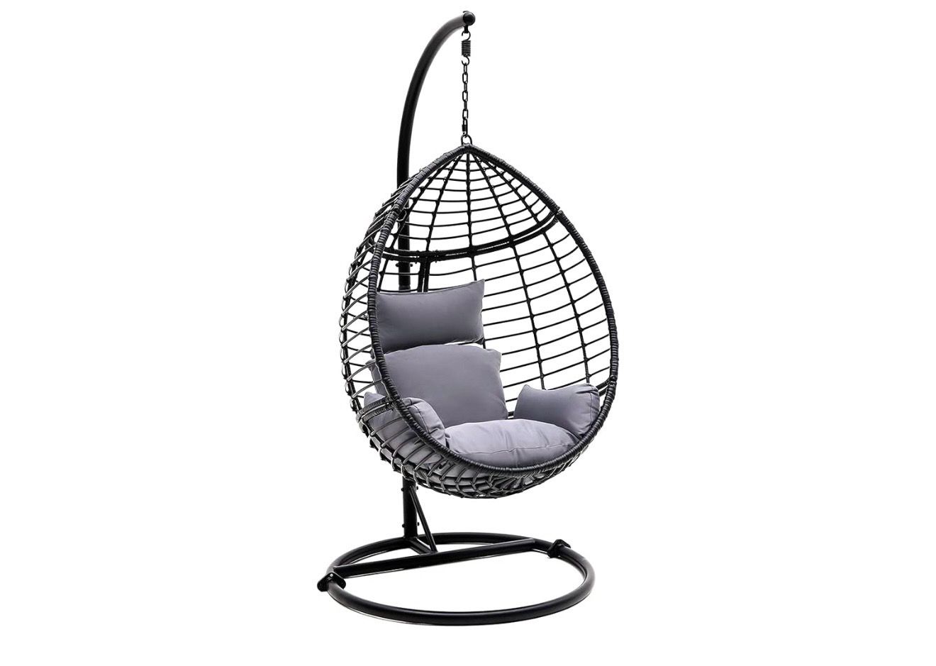 SereneLife Black Wicker Rattan Hanging Egg Chair – Indoor/Outdoor Swing Chair with Washable Cushions, Powder-Coated Steel Frame, Weather-Resistant Hammock Seat for Patio, Porch, Garden