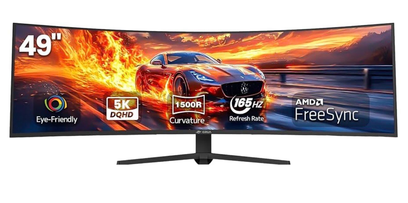 CRUA 49" DQHD 165Hz Ultrawide Curved Gaming Monitor, 1500R, FreeSync, Black 5120x1440 32:9, 120%sRGB, Low Blue Light, Height-Adjustable Stand, HDMI 2.1/DP 1.4, Wall Mount For Gaming, Editing and Work