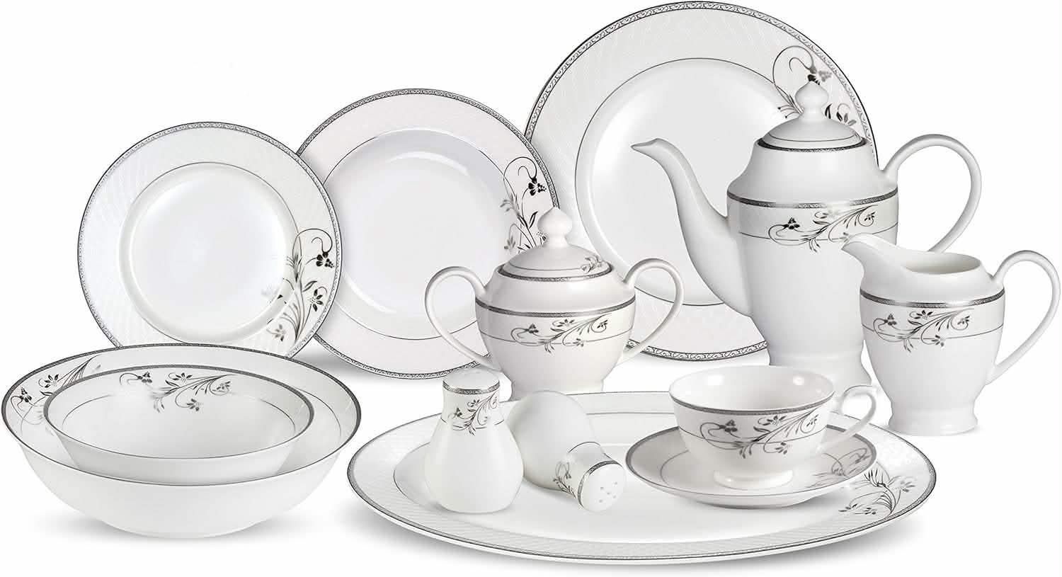 Lorenzo 57 Piece Elegant Bone China Service for 8 Viola Dinnerware Sets, Silver