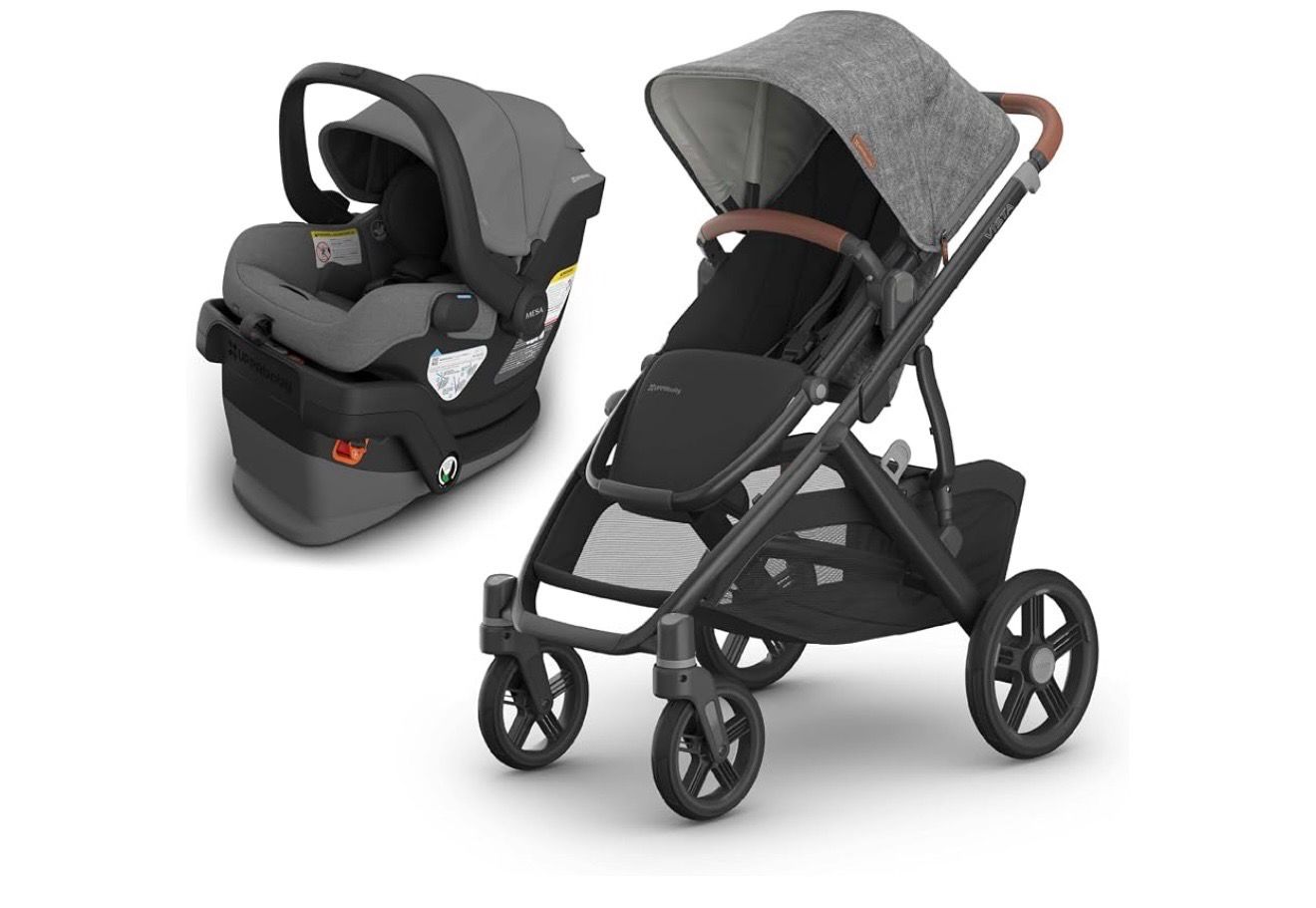 UPPAbaby Vista V3 Stroller + Mesa V3 Car Seat Travel System Combo – Toddler Seat, Bumper Bar, Bug and Rain Shields, Car Seat Base, and Infant Insert Included – Greyson