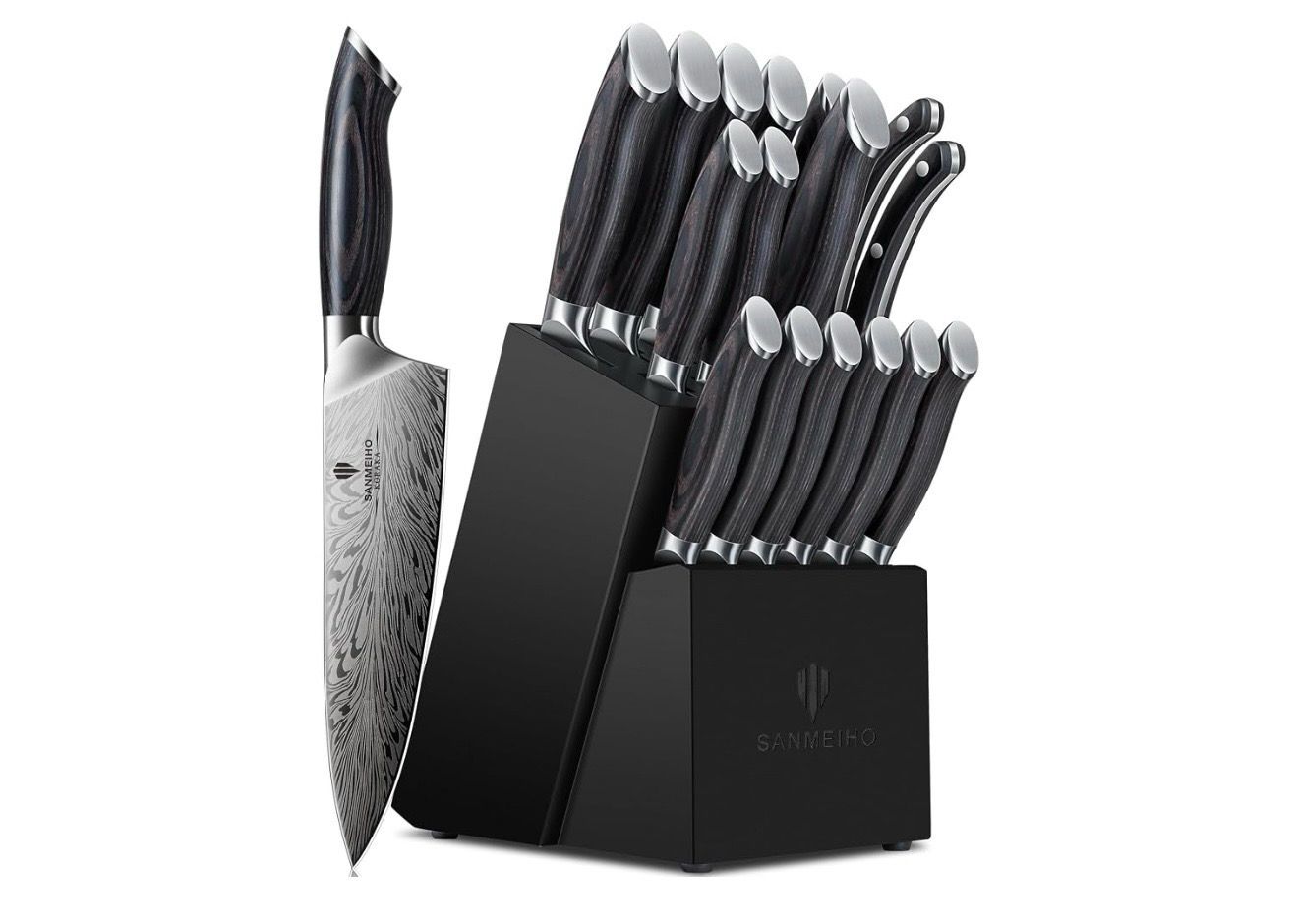 16 Pieces Knife Set, Knife Block Set in Powder Steel, Ultra Sharp Kitchen Knives Set High Hardness Japanese Knife Set with Ergonomic Pakkawood Handle