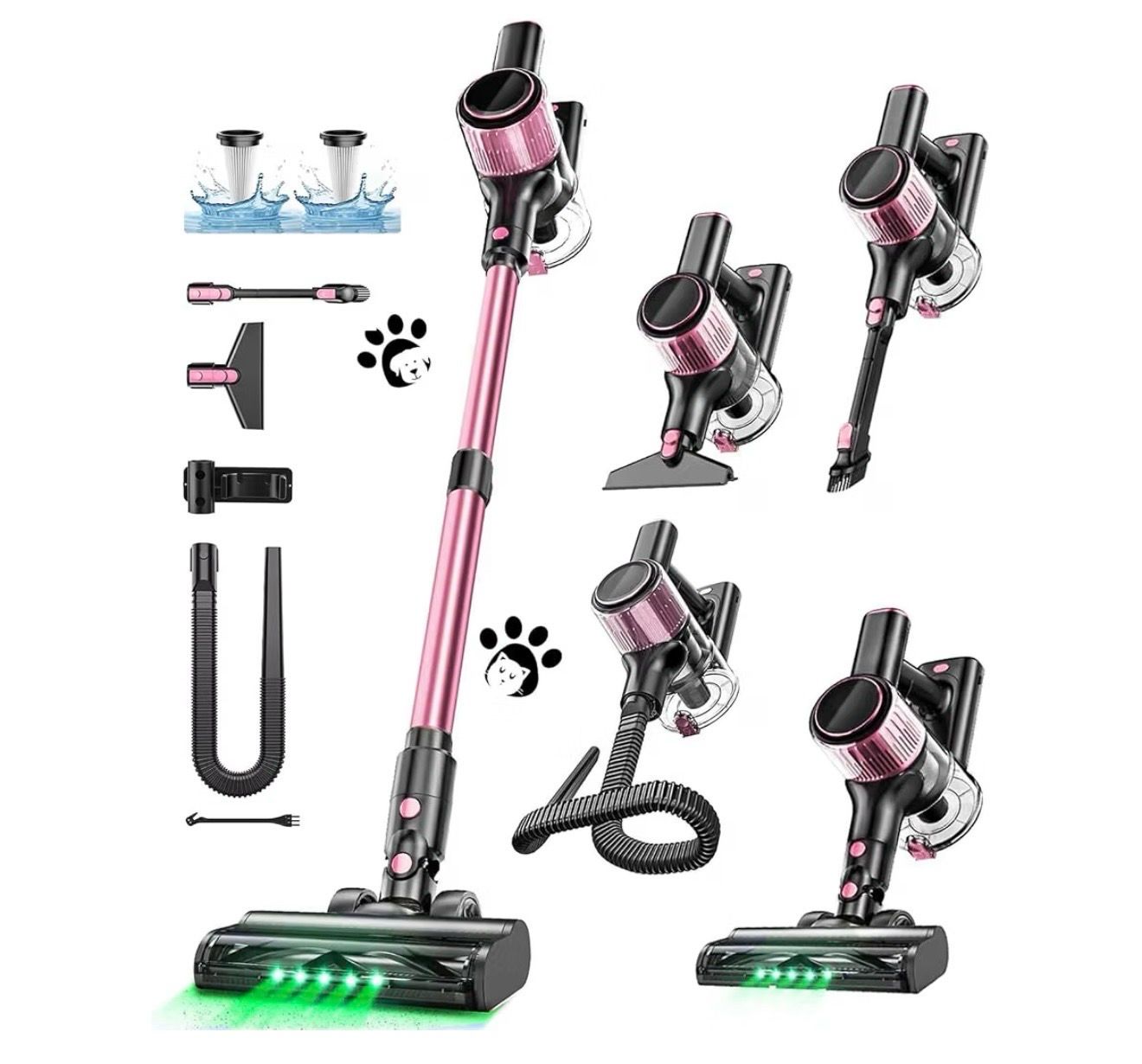 Cordless Vacuum Cleaner, 10 in 1 Stick Vacuum with Powerful Suction, Hose, Green LED Light, Anti-Tangle Brush, Lightweight Rechargeable Vacuum Cleaner for Home, Hardwood Floors, Carpets, Pet Hair,Pink