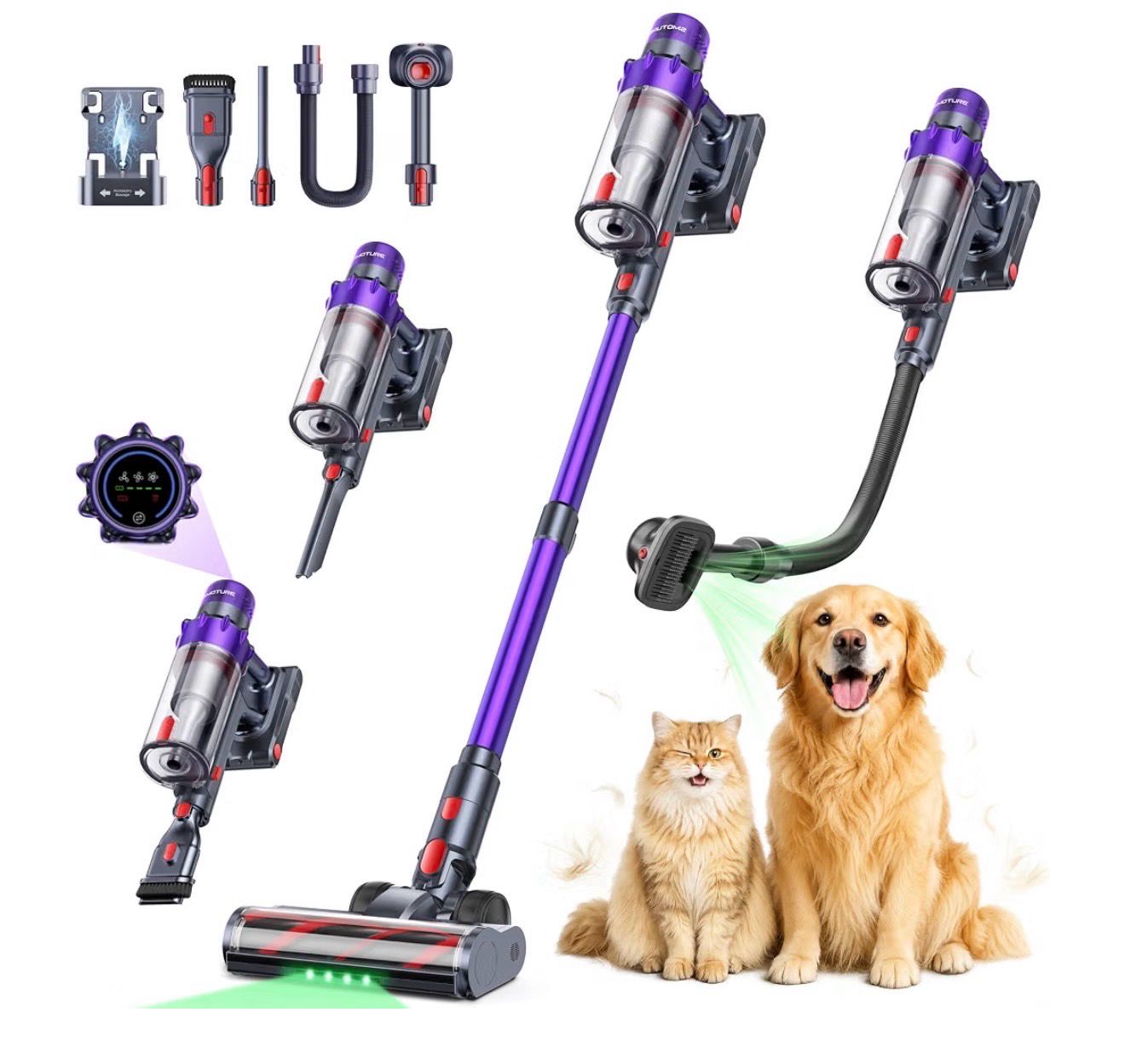 SMOTURE Cordless Vacuum Cleaner, 650W 55KPA 70Mins Vacuum Cleaners for Home, Cordless Stick Vacuum with Pet Brush, LED Touch Screen, Flexible Hose, Wireless Handheld Vacuum for Pet Hair/Carpet/Floor
