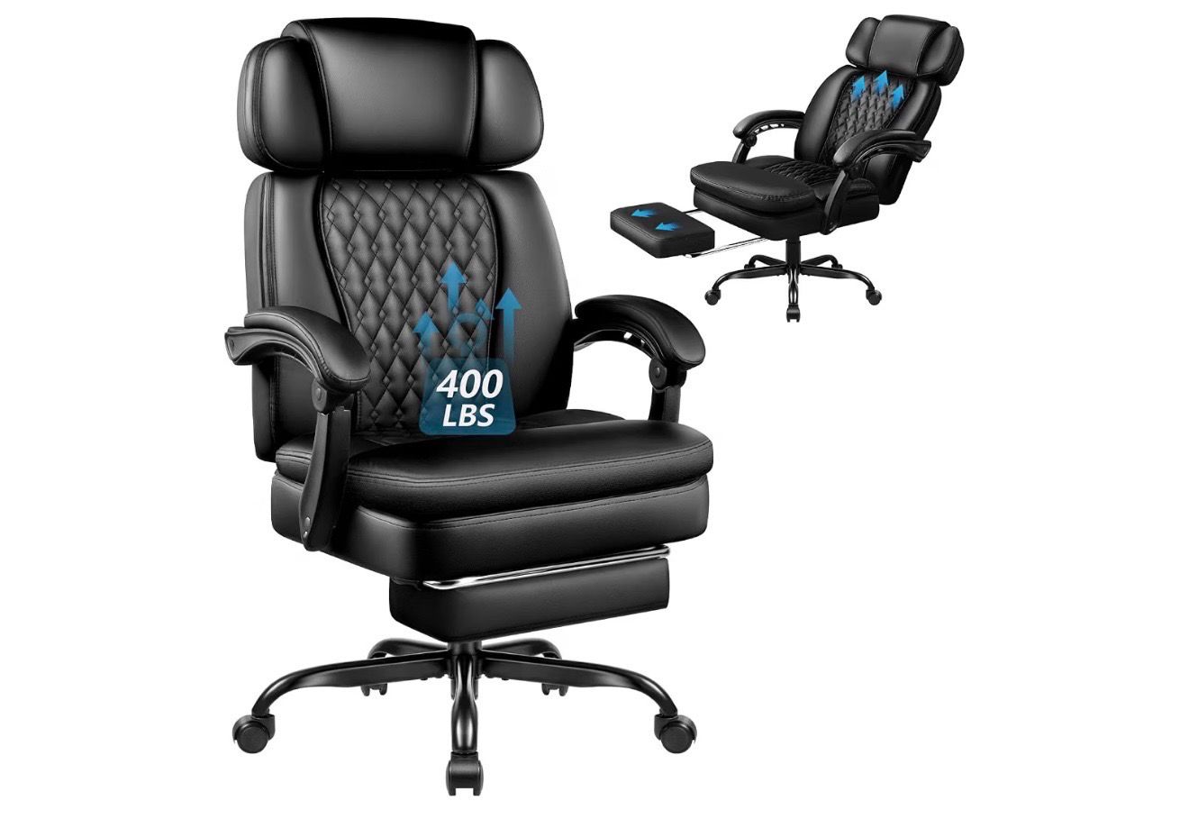 Office Chair with Foot Rest 400lbs, High Back Leather Office Chair Big and Tall, Heavy Duty Ergonomic Executive Desk Chair for Home Office, Black