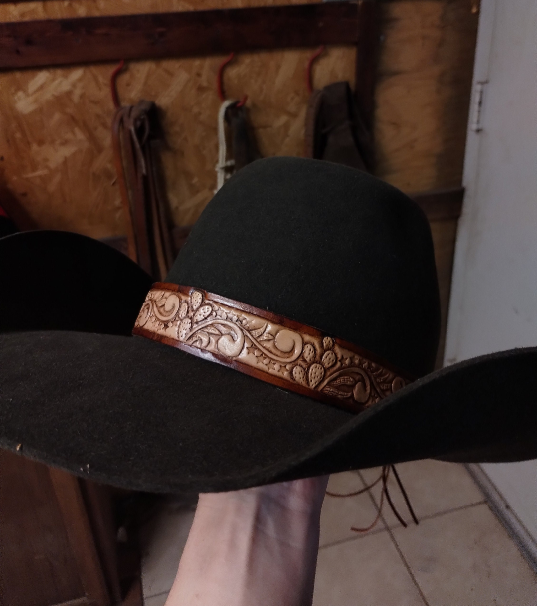 Prickly Pear Cactus Tooled Leather Hatband