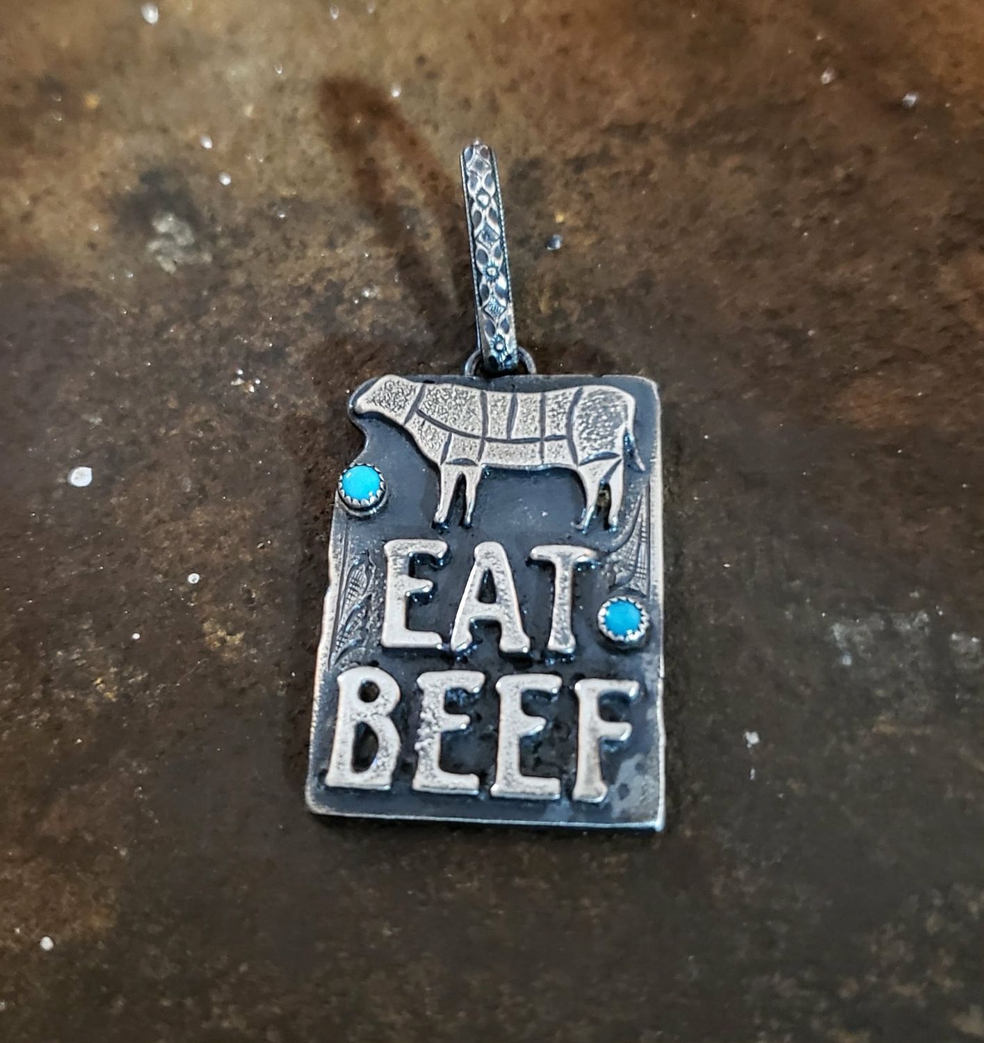 Sterling Silver Eat Beef Pendant with Turquoise Sterling Silver Eat Beef Pendant with Turquoise