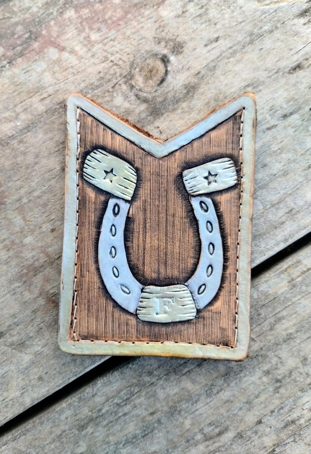 Tooled Leather Horseshoe Wallet with Letter F Tooled Leather Horseshoe Wallet with Letter F