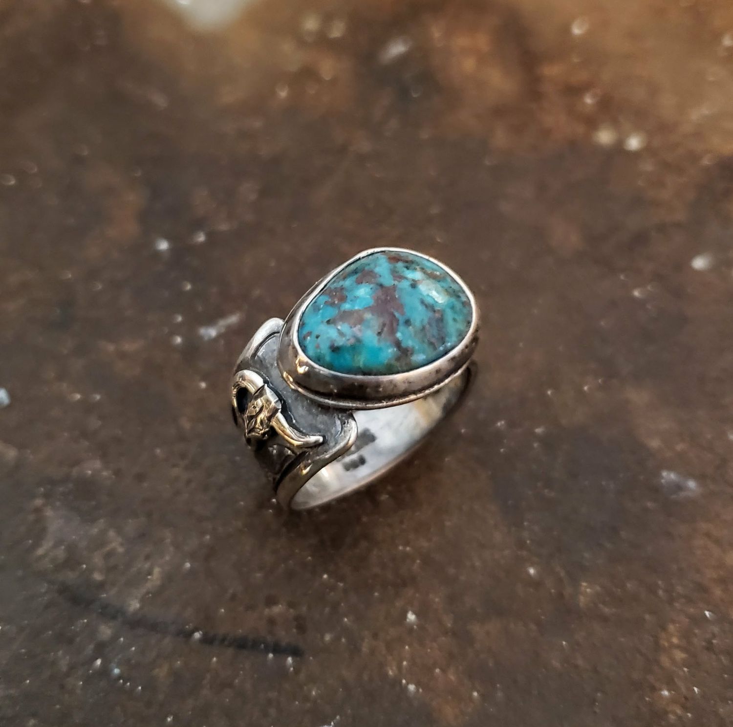 Sterling Silver Ring with a Bullskull and Turquoise