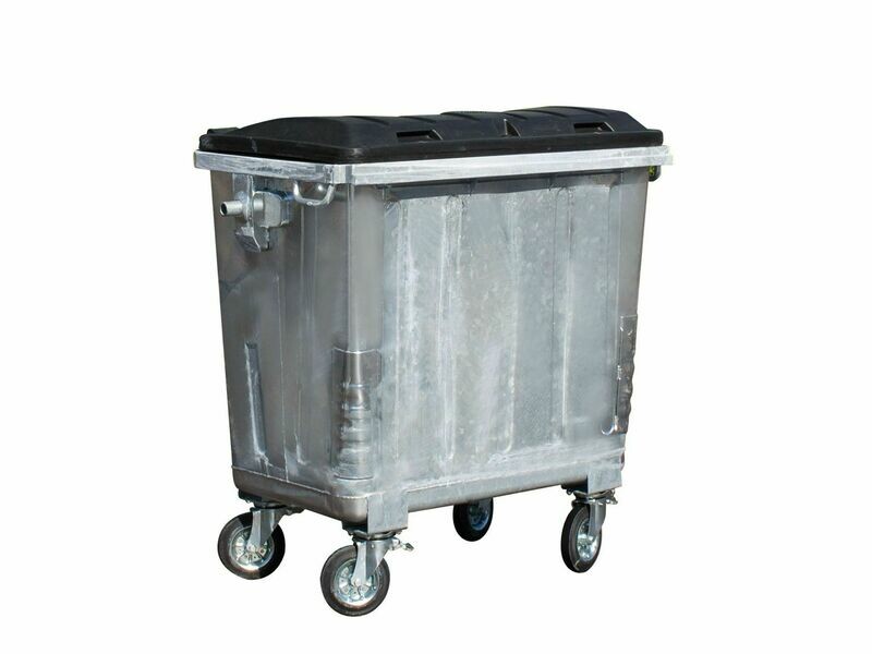 Stalen 4-wiel container 1100 liter, met kindveilig roldeksel.