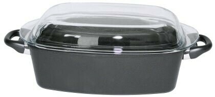 Rectangular Roasting Pan
with Duroplast handles and glass lid, oven safe up to +250°C, total height 15 .5 cm, oven safe up to +250°C