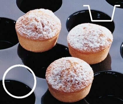 Mini Muffins vormpjes in bakmat van zwart glasvezelversterkt siliconen.