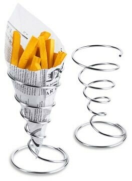 Patat en friteshouder van gedraaid rvs draadstaal.