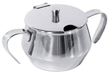 Suikerpot rvs hoogglans met deksel en handgrepen.