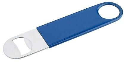 Vlakke flessenopener met blauwe vinyl greep.