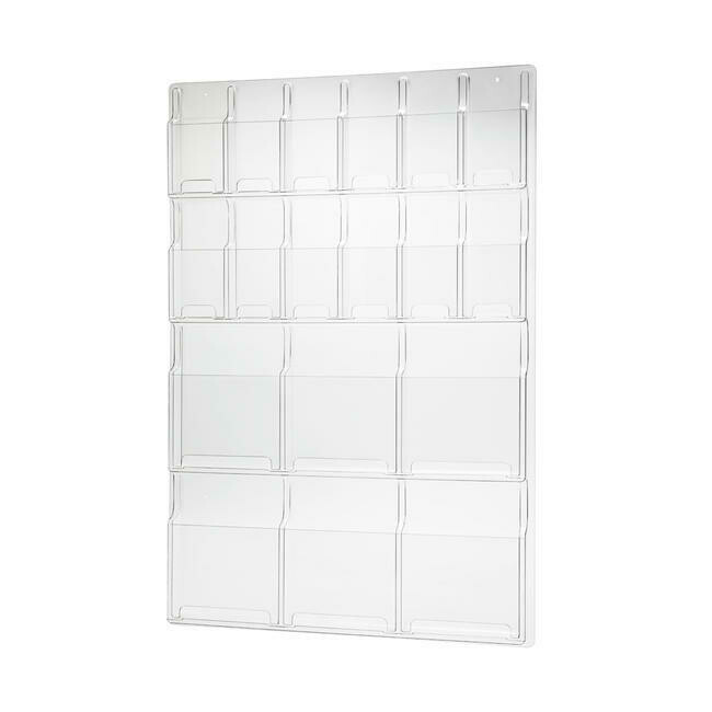 Wandpresentatie voor 6 vaks A4 folders +  12 vaks 3 slag gevouwen A4 hoogformaat.