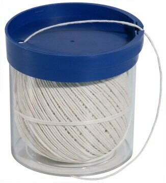 Braadsnoer of slagerstouw, wit polyester met kunststof pot.