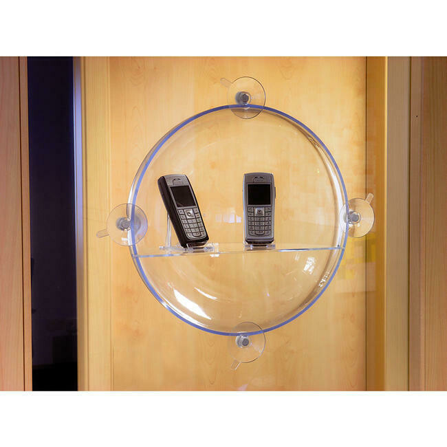 Halfronde display / bol met schap voor presentatie tegen glas.