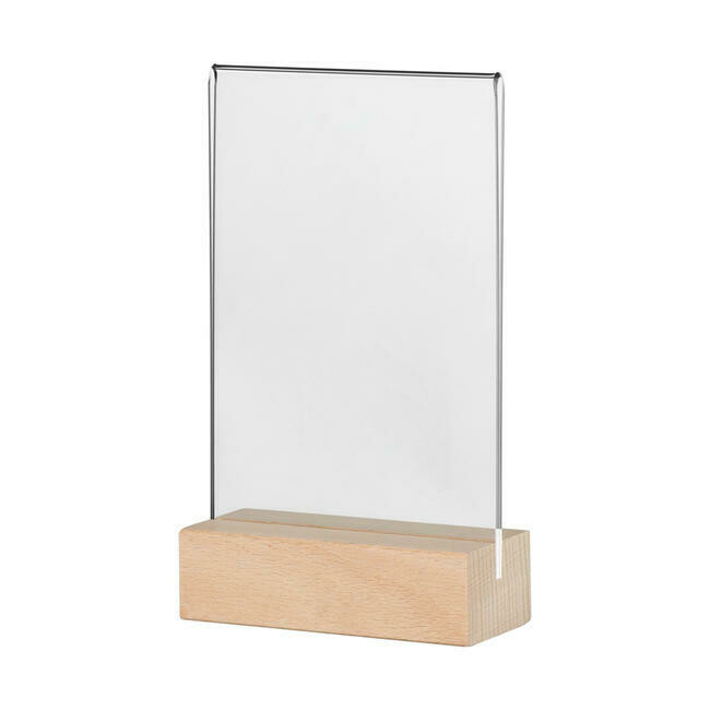 Menu card holder with wooden (beech) base.