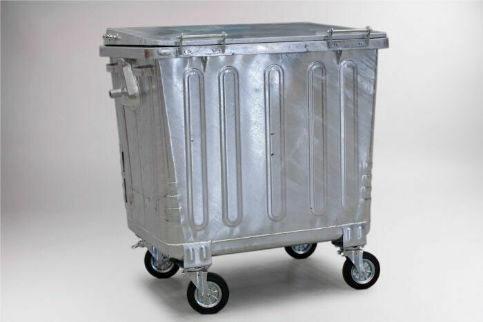 Stalen 4-wiel container 1100 liter, met versterkt stalen deksel.