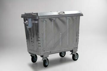 Stalen 4-wiel container 660 liter, met versterkt stalen deksel.