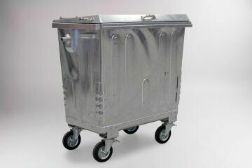 Stalen 4-wiel container 770 liter, met versterkt stalen deksel.