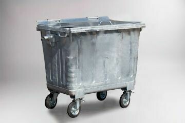 Stalen 4-wiel container 660 liter, met staal deksel.