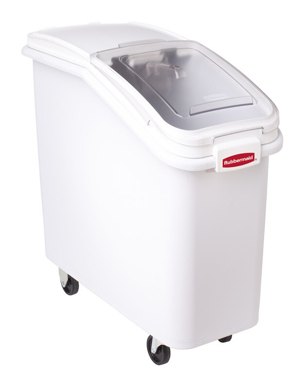 Stock container on wheels, includes sliding lid.