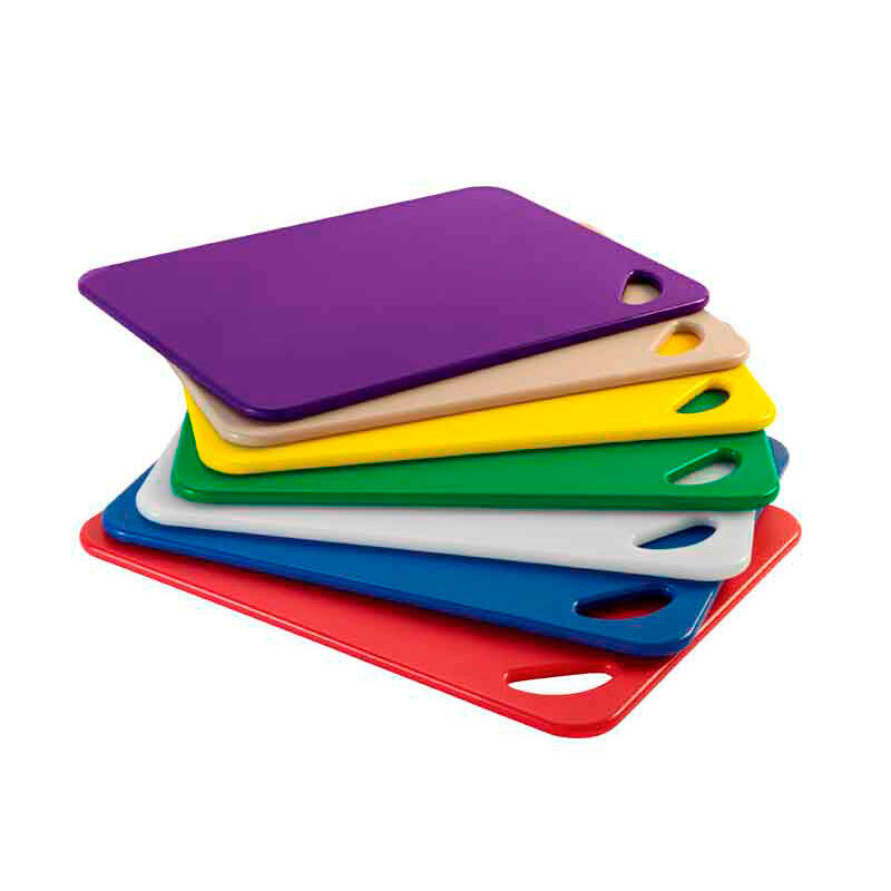 Set of 7 different color polyethylene cutting boards.